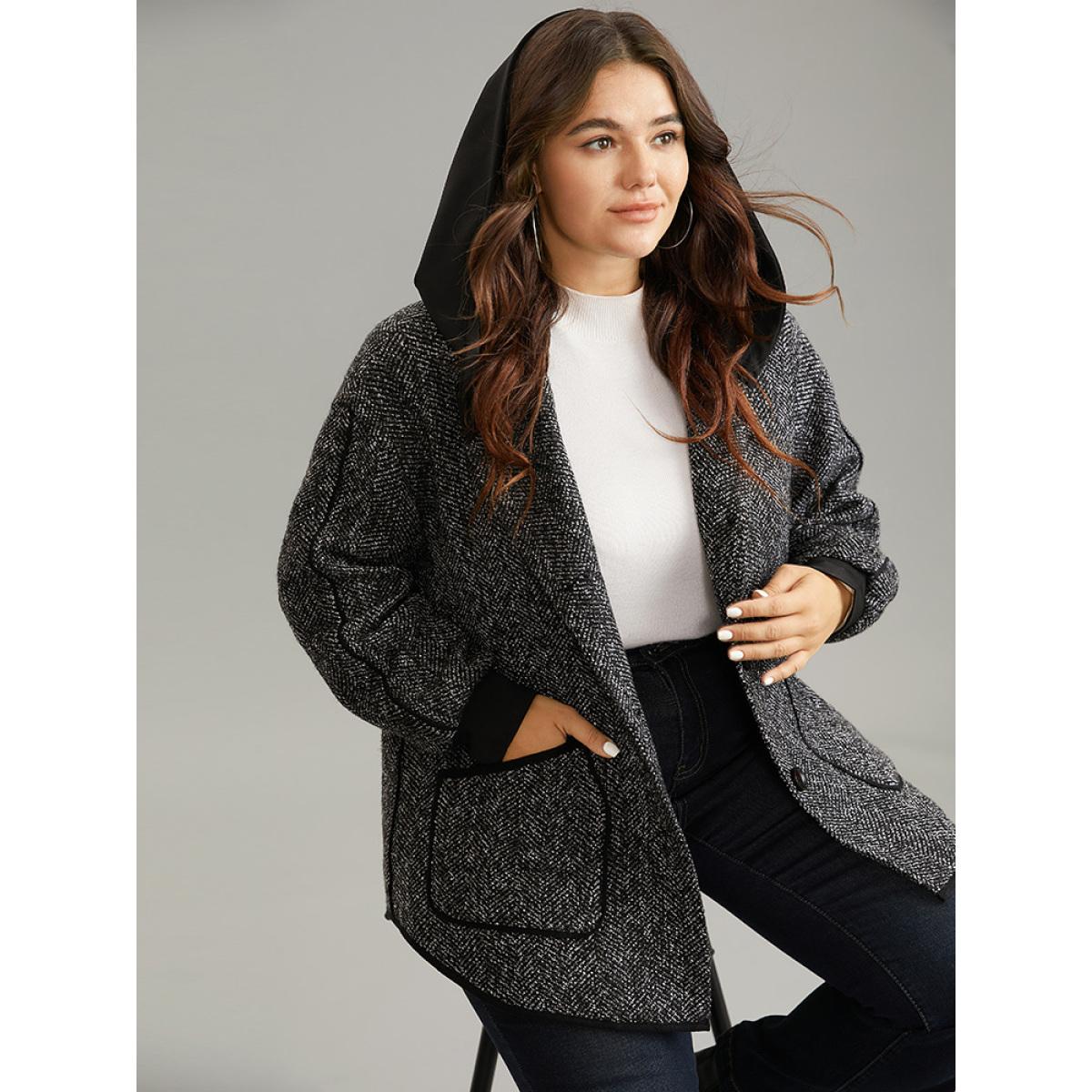 Plus Size Tweed Pocket Button Through Hooded Coat Women Black Casual Patchwork Ladies Dailywear Winter Coats BloomChic 14-16/1X Product Image