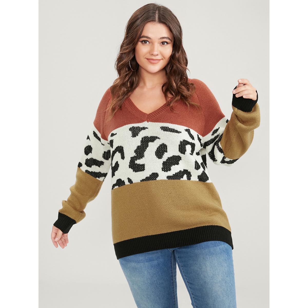 Plus Size Leopard Colorblock Contrast Pointelle Knit V Neck Knit Top Multicolor Women Casual Loose Long Sleeve V-neck Dailywear Pullovers BloomChic 18-20/2X Product Image