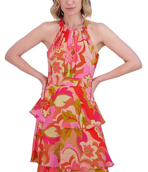 Eliza J Chiffon Floral Swirl Print Halter Neck Sleeveless Ruffle Maxi Dress Product Image