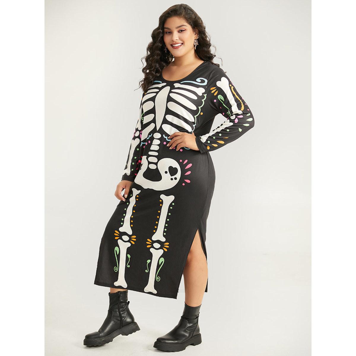 Plus Size Halloween Skull Print Round Neck Split Hem Dress Black Women Casual Printed Round Neck Long Sleeve Curvy Midi Dress BloomChic 14-16/1X Product Image