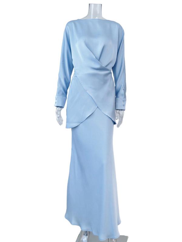 Loose Solid Color Split-Joint Boat Neck Long Sleeves Blouse & Shirt + Skirt Two Pieces Set Product Image