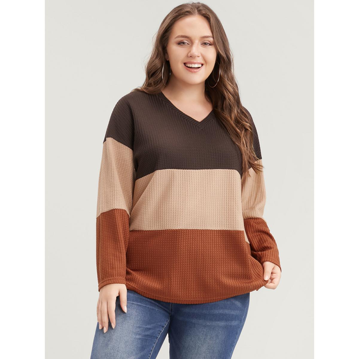 Plus Size Colorblock Contrast V Neck Waffle Knit Long Tee Bronze Women Casual Contrast Plain V-neck Dailywear T-shirts BloomChic 30/6X Product Image