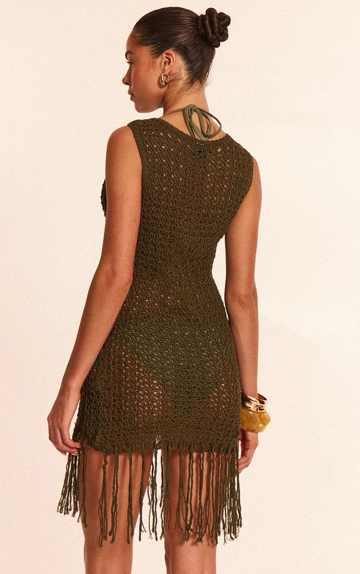  Olive Crochet Boat Neck Tassel Mini Dress Product Image