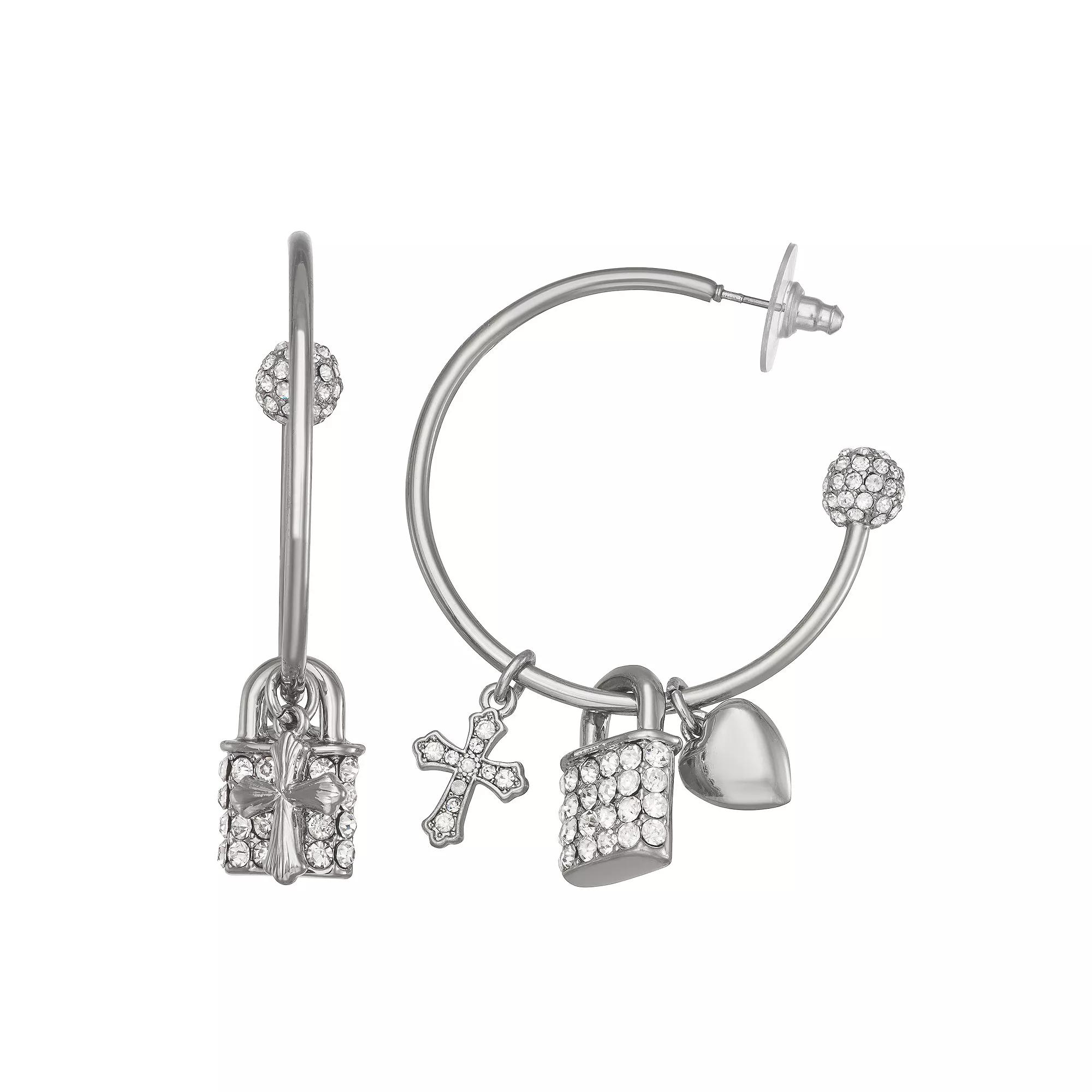 Simply Vera Vera Wang Silver Tone Crystal Heartcross C Hoop Earrings, Women's, Clear Product Image