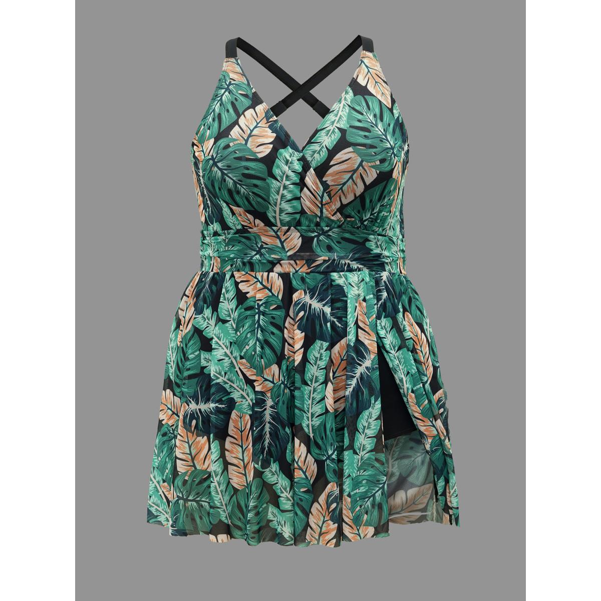 Plus Size Tropical Print Bust Defining Swim Dress Women's Swimwear Truegreen Beach Bodycon Overlap Collar High stretch Curve Swim Dresses BloomChic 22-24/3X Product Image