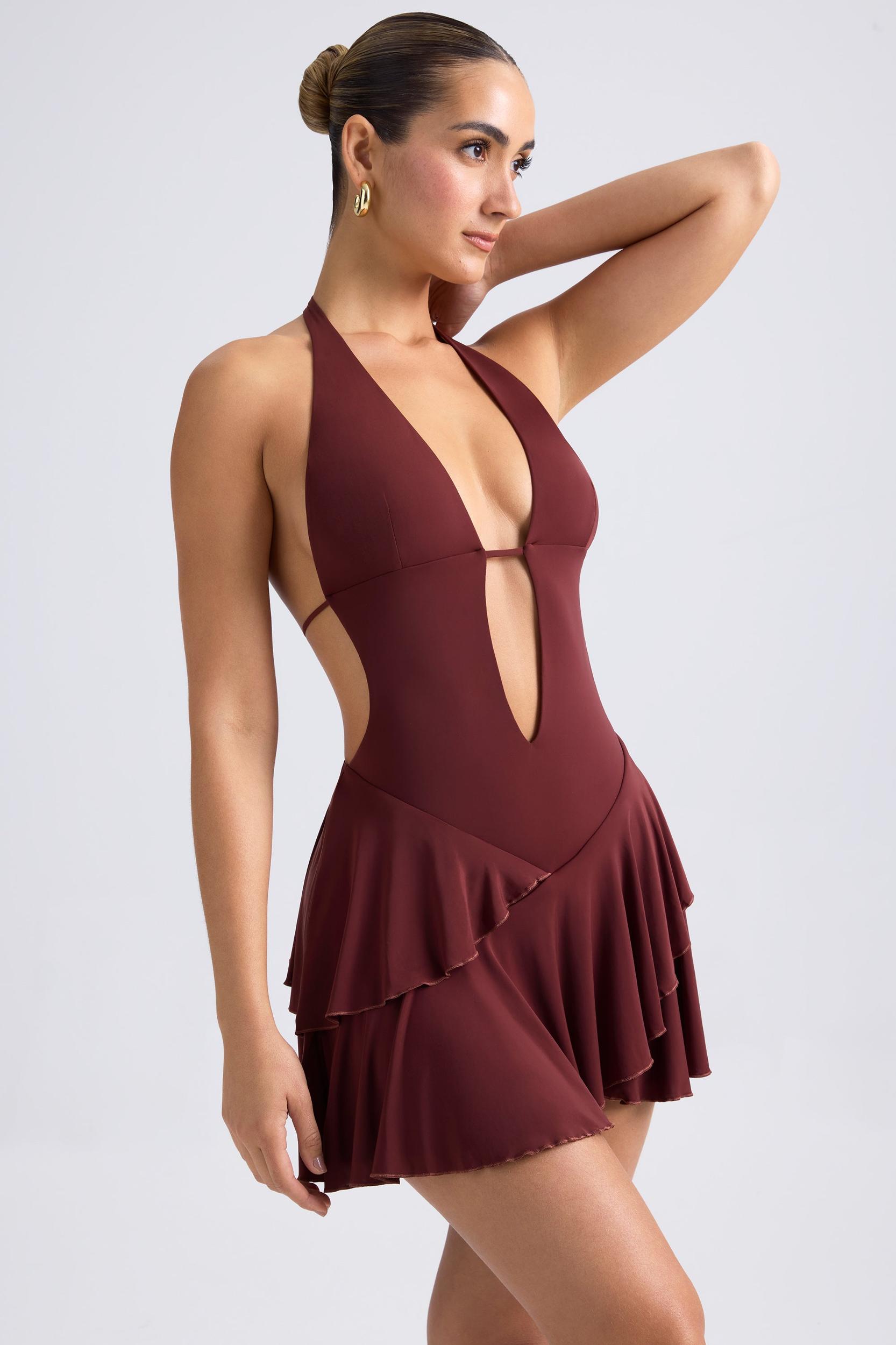 Ruffled Cut-Out Halterneck Mini Dress in Chestnut Brown Product Image