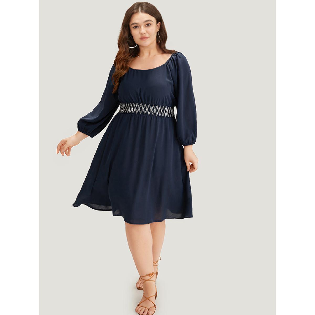 Plus Size Bandana Shirred Square Neck Lantern Sleeve Dress DarkBlue Women Vacation Elastic cuffs Square Neck Long Sleeve Curvy Midi Dress BloomChic 26/4X Product Image