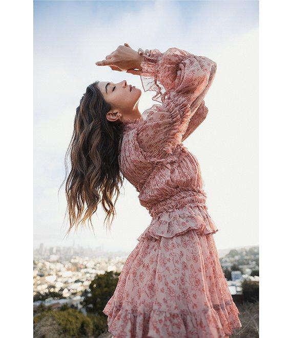 Mac Duggal Floral Print Chiffon Mock Neck Long Flare Sleeve Button Front Ruffle Tiered Mini Dress Product Image