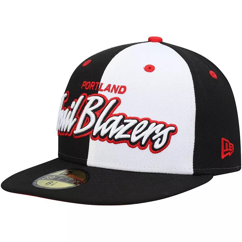 Men's New Era Black/White Portland Trail Blazers Script Pinwheel 59FIFTY Fitted Hat, Size: 7 1/2 Product Image