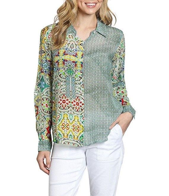 APNY Woven Printed Point Collar Long Sleeve Blouse Product Image