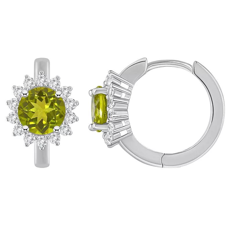 Celebration Gems Sterling Silver Round Gemstone & White Topaz Halo Huggie Hoop Earrings, Women's, Peridot Product Image