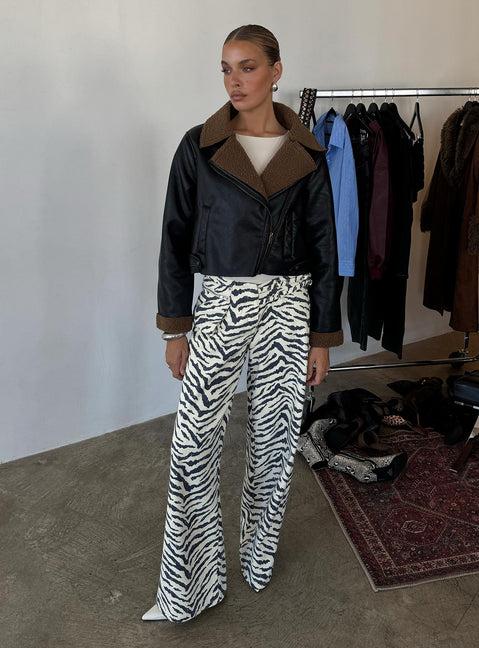 Shearling Trim Faux Leather Jacket Black Product Image