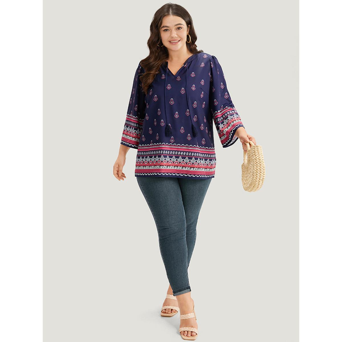 Plus Size Indigo Boho Print Tie Neck Tassel Trim Blouse Women Vacation Elbow-length sleeve V-neck Vacation Blouses BloomChic 14-16/1X Product Image