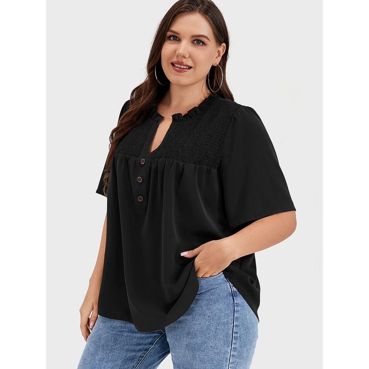 Plus Size Black Solid Shirred Frill Trim Button Notched Neck Blouse Women Elegant Short sleeve Dailywear Blouses BloomChic 10/M Product Image