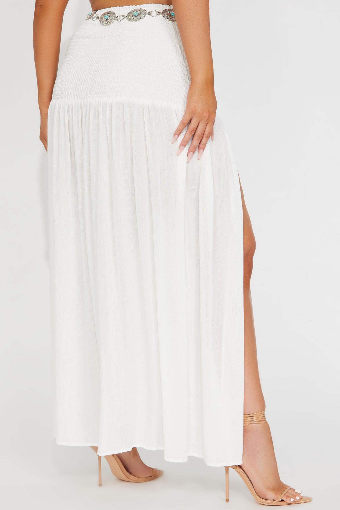 Breezy Paradise Linen Smocked Cover Up Skirt - White Product Image