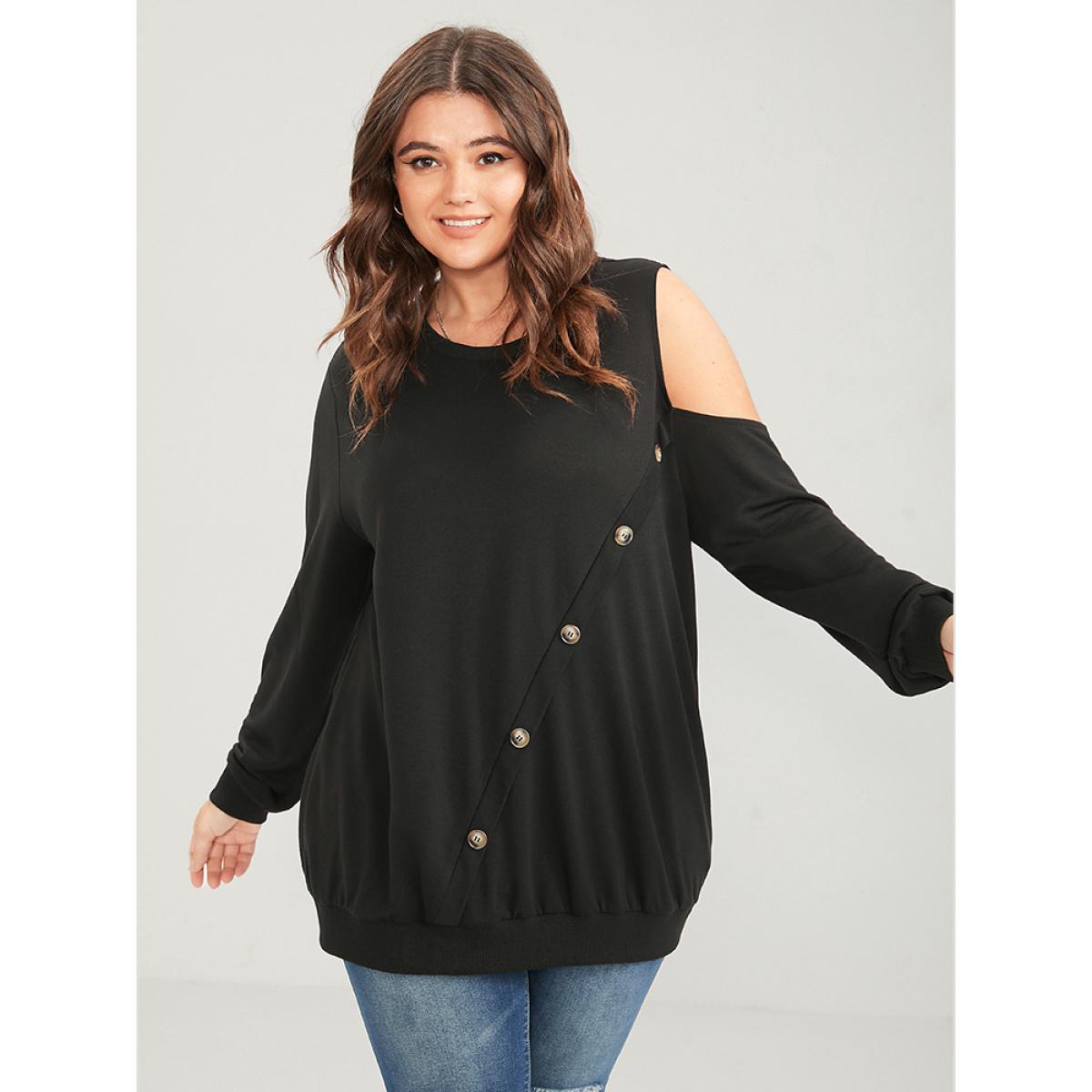 Plus Size Solid Button Detail Cut Out Sweatshirt Women Black Casual Button Round Neck Dailywear Sweatshirts BloomChic 28/5X Product Image