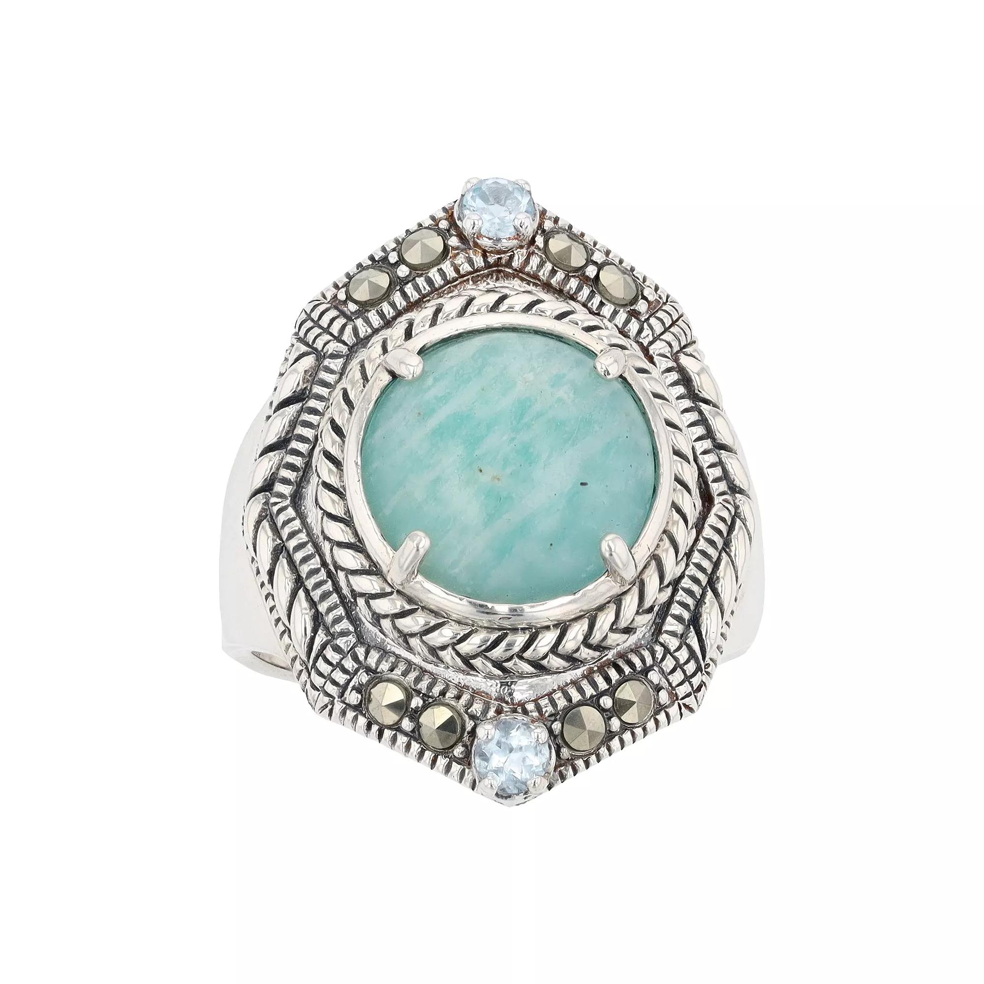 Lavish by TJM Sterling Silver Amazonite Sky Blue Topaz & Marcasite Dome Ring, Women's, Size: 9 Product Image