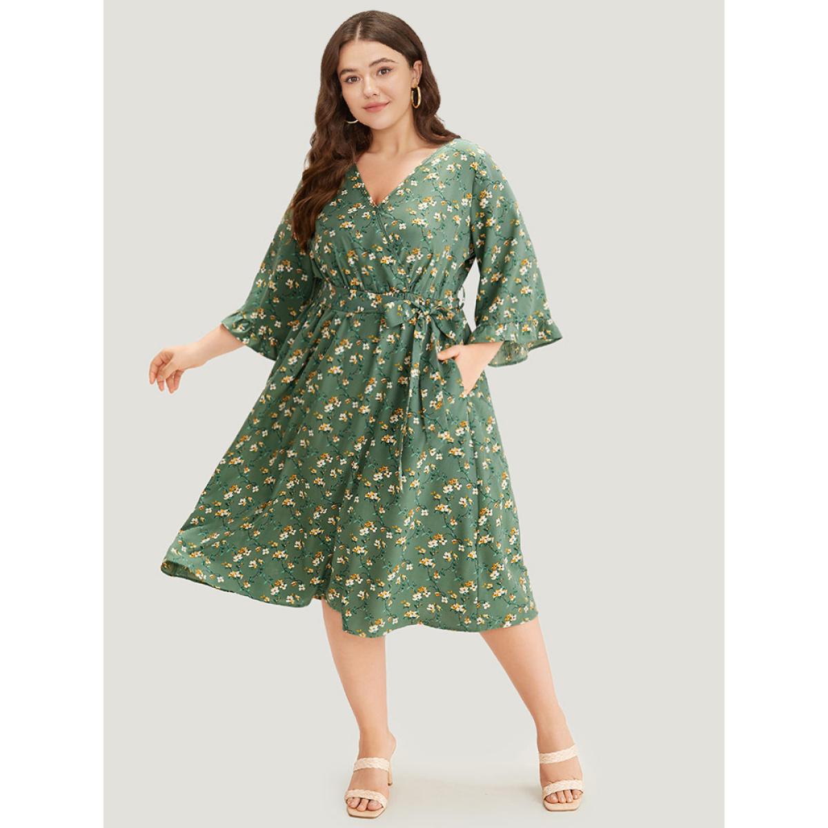 Plus Size Floral Print Surplice Neck Flutter Trim Dress Green Women Elegant Printed V-neck Elbow-length sleeve Curvy Midi Dress BloomChic 30/6X Product Image