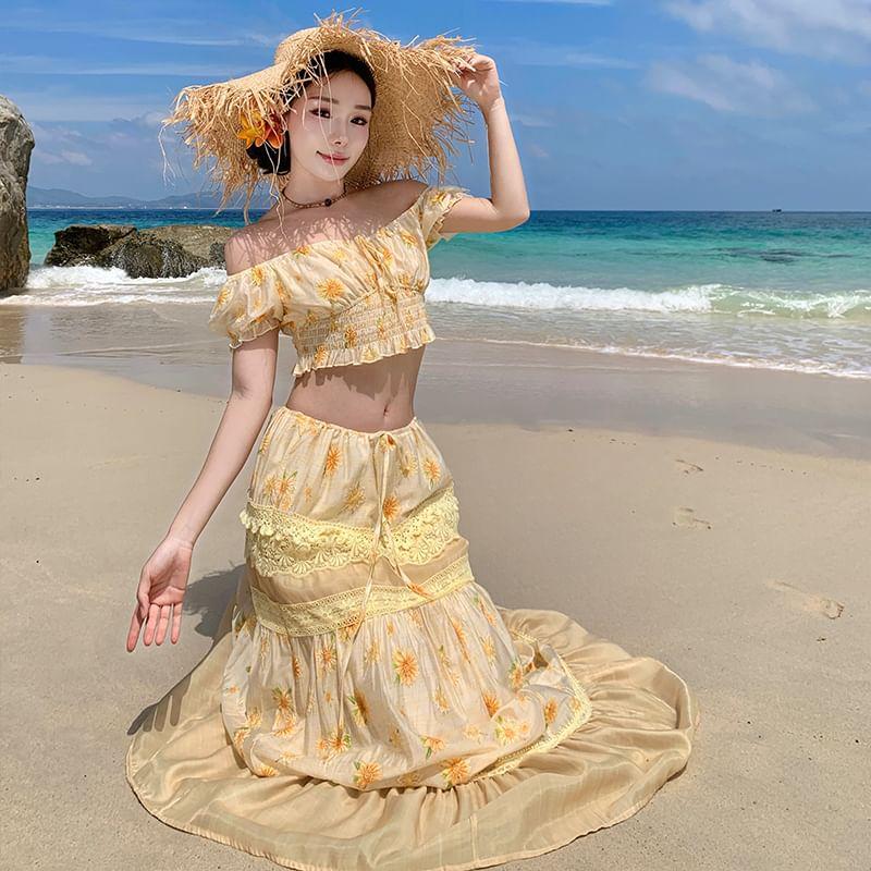 Set: Off-Shoulder Floral Print Shirred Crop Blouse + Low Rise Lace Trim Paneled Midi A-Line Skirt Product Image