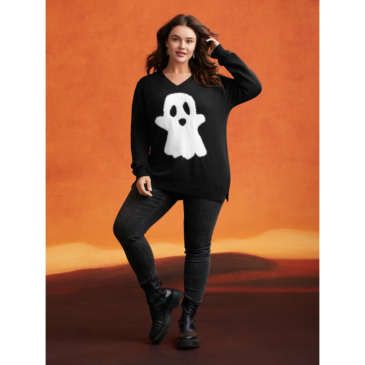 Plus Size Mink Touch Ghost Printed Pullover Black Women Playful Long Sleeve V-neck Casual Pullovers BloomChic 18-20/2X Product Image
