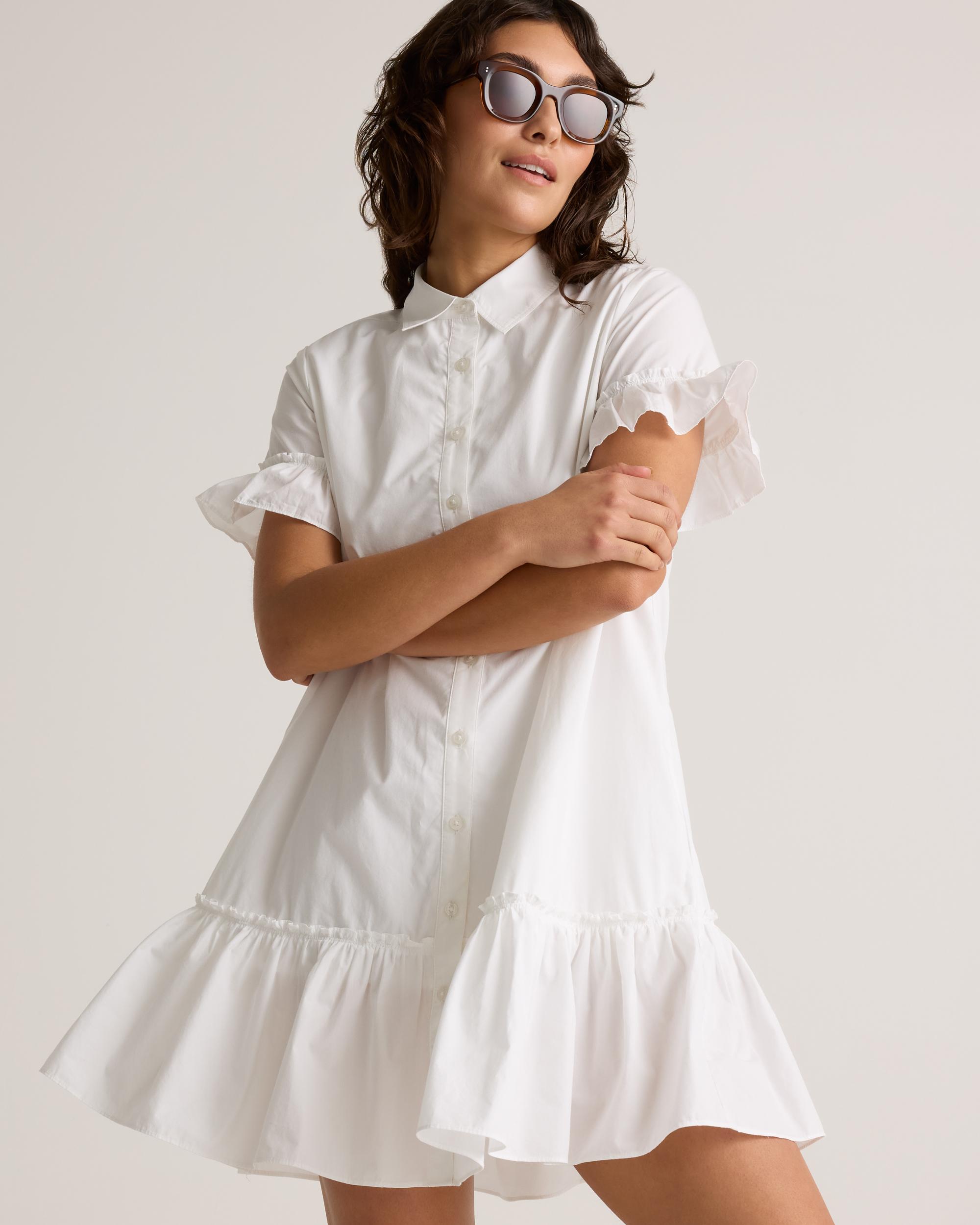Quince | Women's Poplin Short Sleeve Ruffle Shirt Dress Organic Cotton Product Image