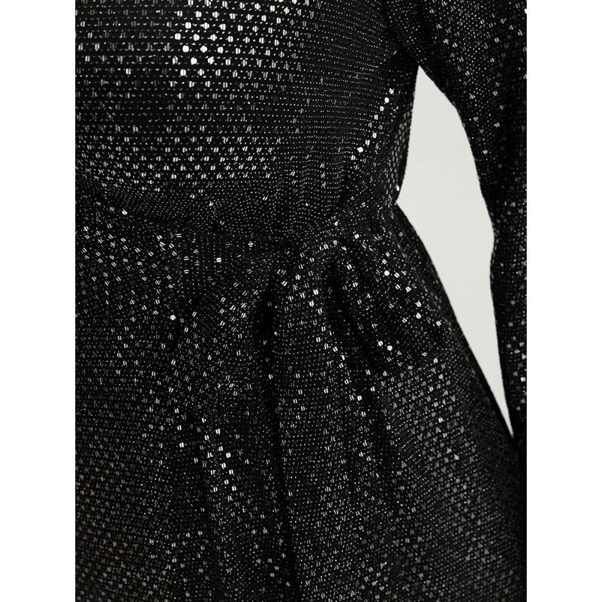 Plus Size Solid Sequin Knotted Side Wrap Lantern Sleeve Dress Black Women Party Knotted V-neck Long Sleeve Curvy Midi Dress BloomChic 26/4X Product Image