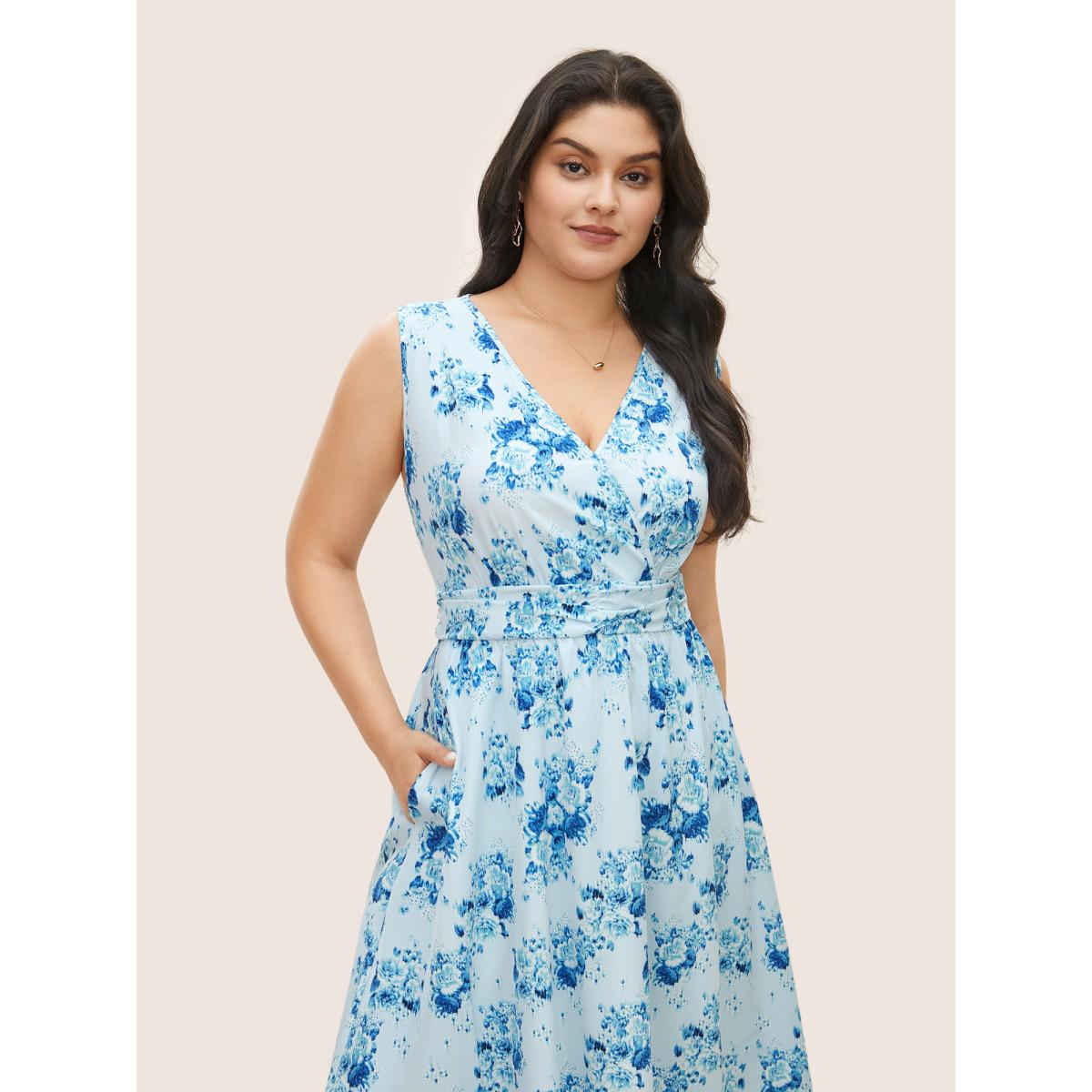 Plus Size Overlap Collar Floral Sleeveless Ruched Dress LightBlue Women Elegant Gathered Overlap Collar Sleeveless Curvy Midi Dress BloomChic 14-16/1X Product Image