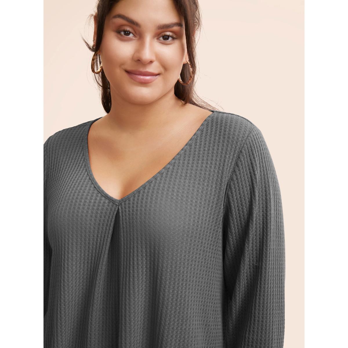Plus Size Plain Waffle Knit Scoop Neck Plicated Detail T-shirt Gray Women Leisure Non Plain V-neck Casual T-shirts BloomChic 14-16/1X Product Image