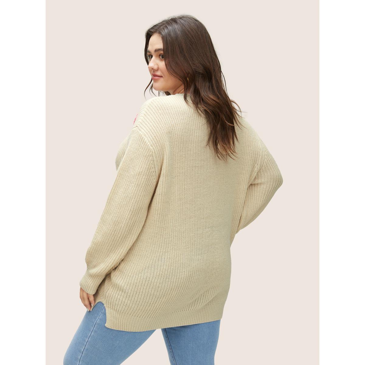 Plus Size Stereo Flower Design Split Hem Pullover Apricot Women Casual Long Sleeve Round Neck Everyday Pullovers BloomChic 14-16/1X Product Image