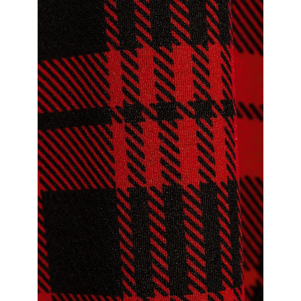 Plus Size Plaid Patchwork Round Neck Pocket Belted Dress Red Women Elegant Patchwork Round Neck Long Sleeve Curvy Midi Dress BloomChic 22-24/3X Product Image