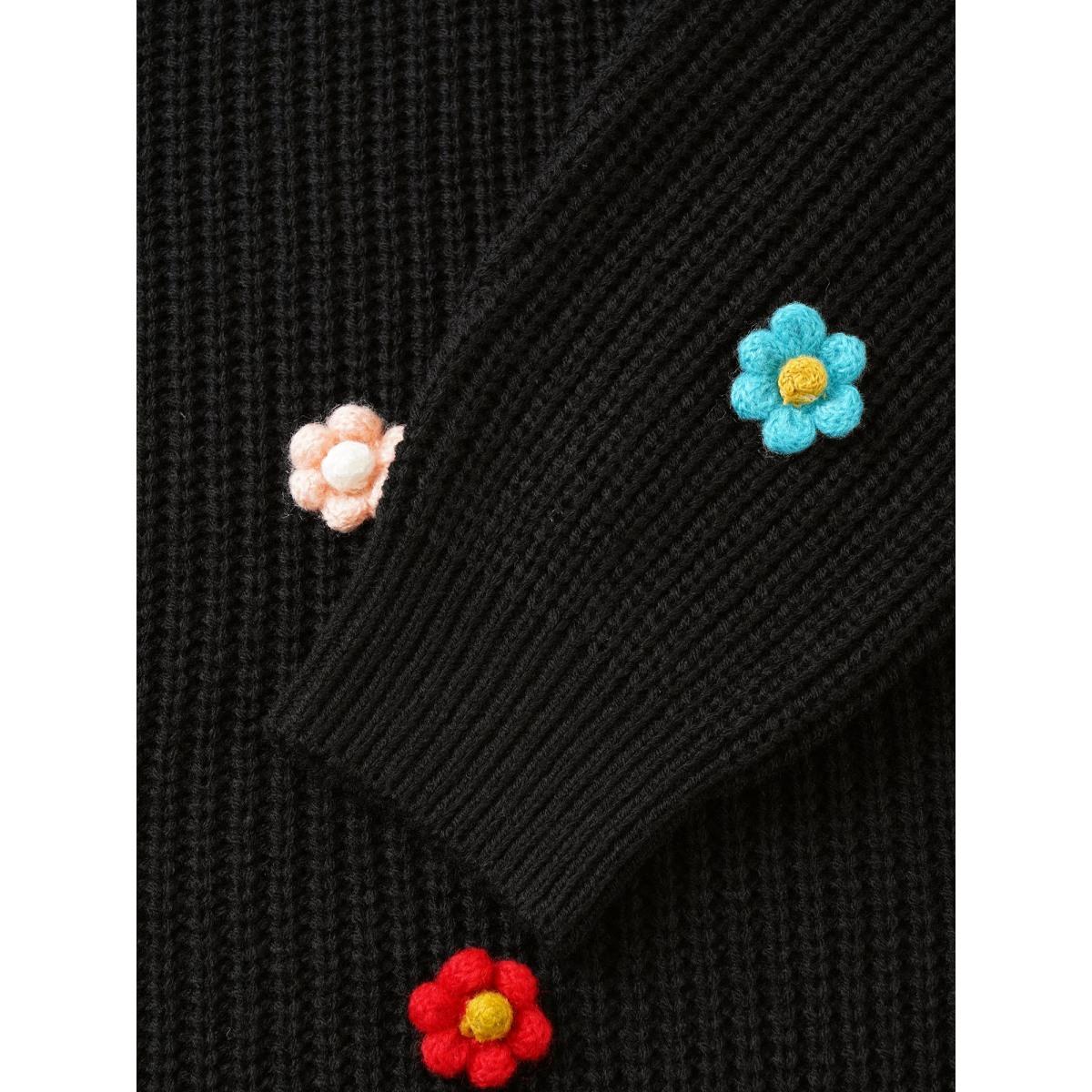 Plus Size Stereo Flower Design Round Neck Pullover Black Women Casual Long Sleeve Round Neck Everyday Pullovers BloomChic 10/M Product Image