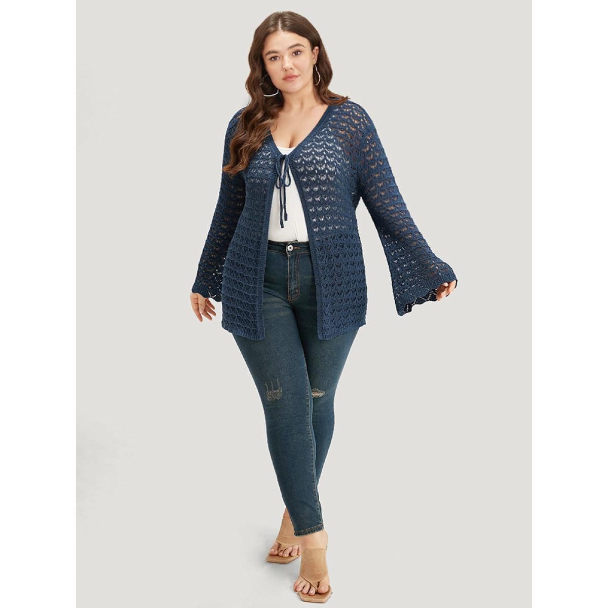 Plus Size Solid Eyelet Ties Front Bell Sleeve Cardigan Indigo Women Casual Loose Long Sleeve Dailywear Cardigans BloomChic 14-16/1X Product Image