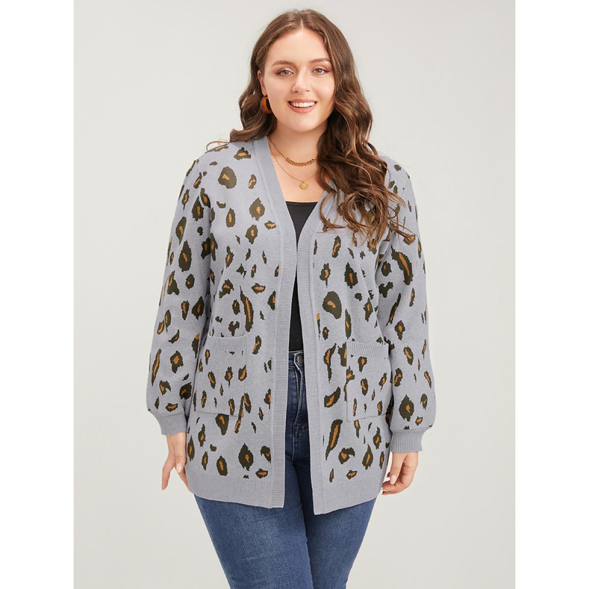 Plus Size Leopard Super Soft Knit Pocket Jacquard Open Front Cardigan DarkGray Women Casual Long Sleeve Dailywear Cardigans BloomChic 18-20/2X Product Image