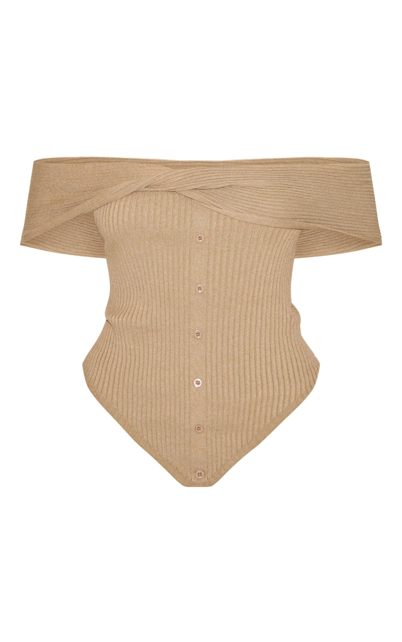 Taupe Rib Knit Twist Bardot Button Through Top Product Image