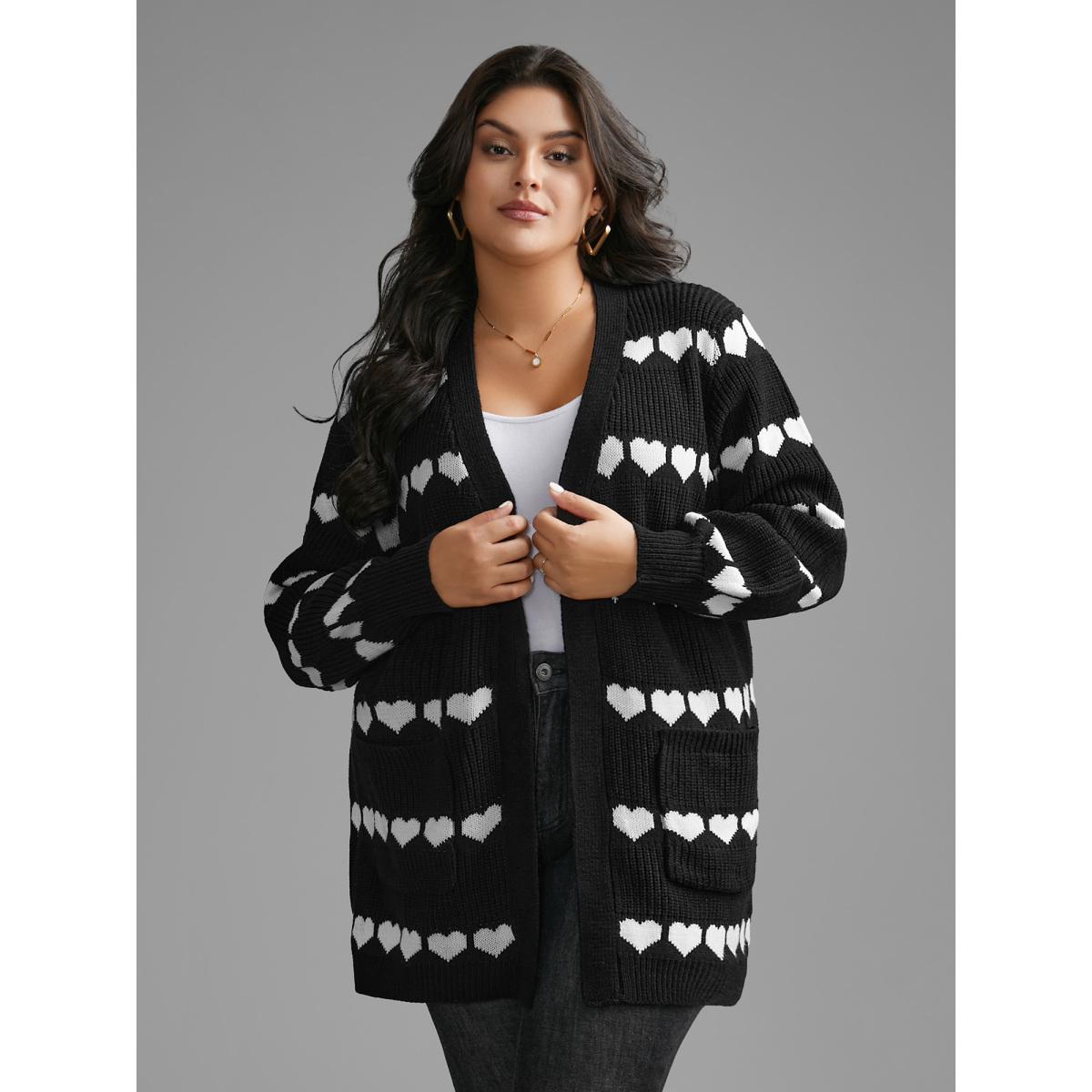 Plus Size Heart Pattern Jacquard Patch Pocket Cardigan Black Women Casual Loose Long Sleeve Everyday Cardigans BloomChic 18-20/2X Product Image
