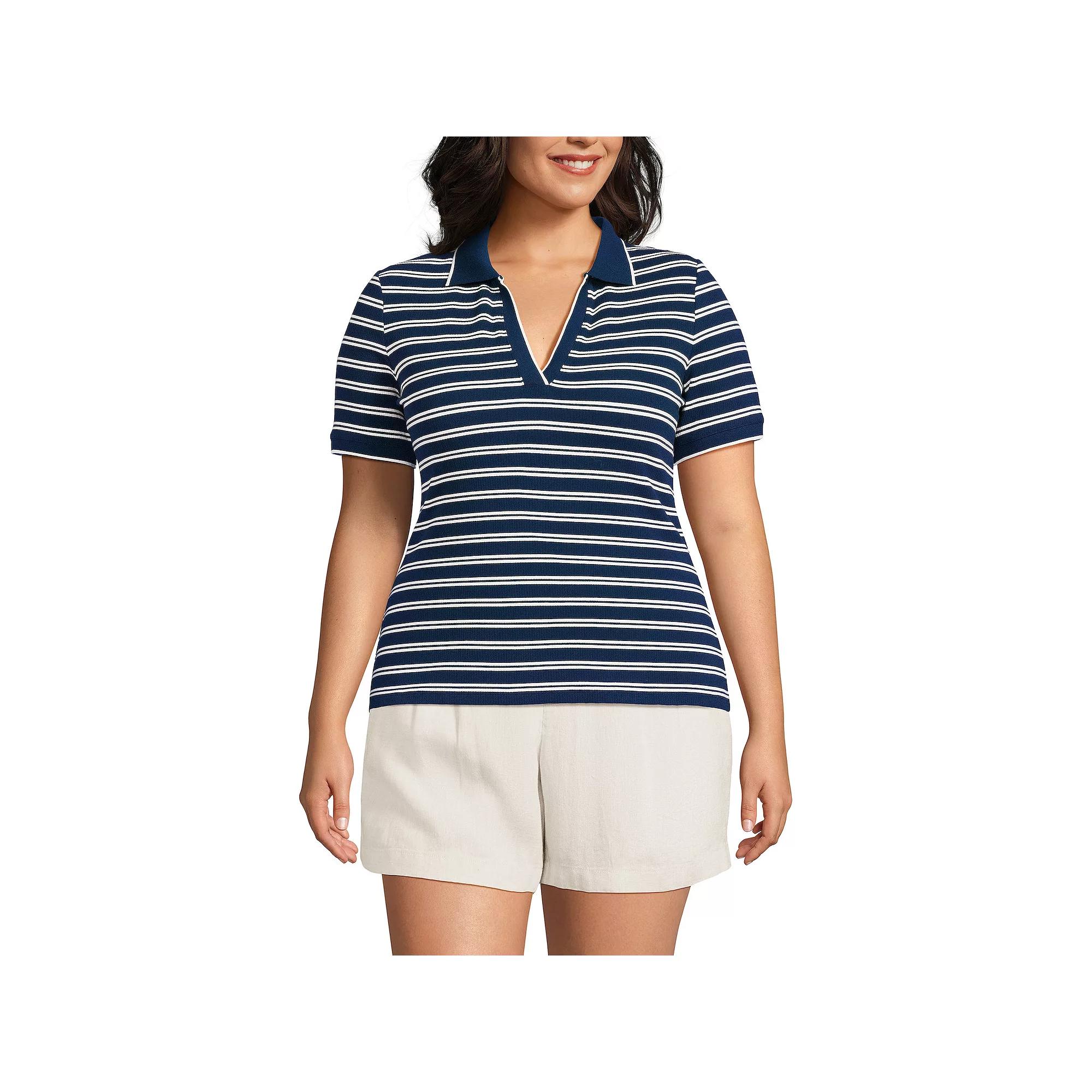 Plus Size Lands' End Short Sleeve Ribbed Polo, Women's, Size: 2XL, Blue Dual Stripe Product Image