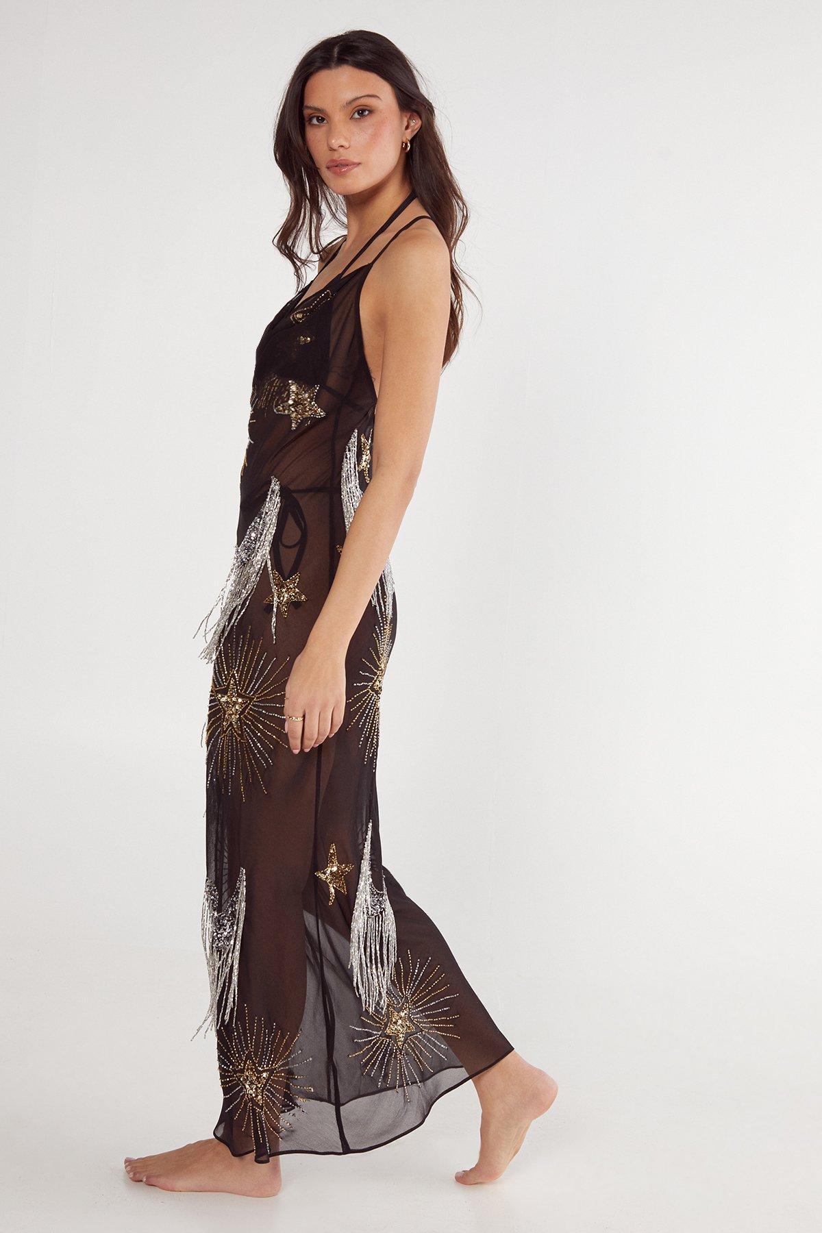 Celestial Embellished Tassel Detail Cowl Maxi Dress Product Image