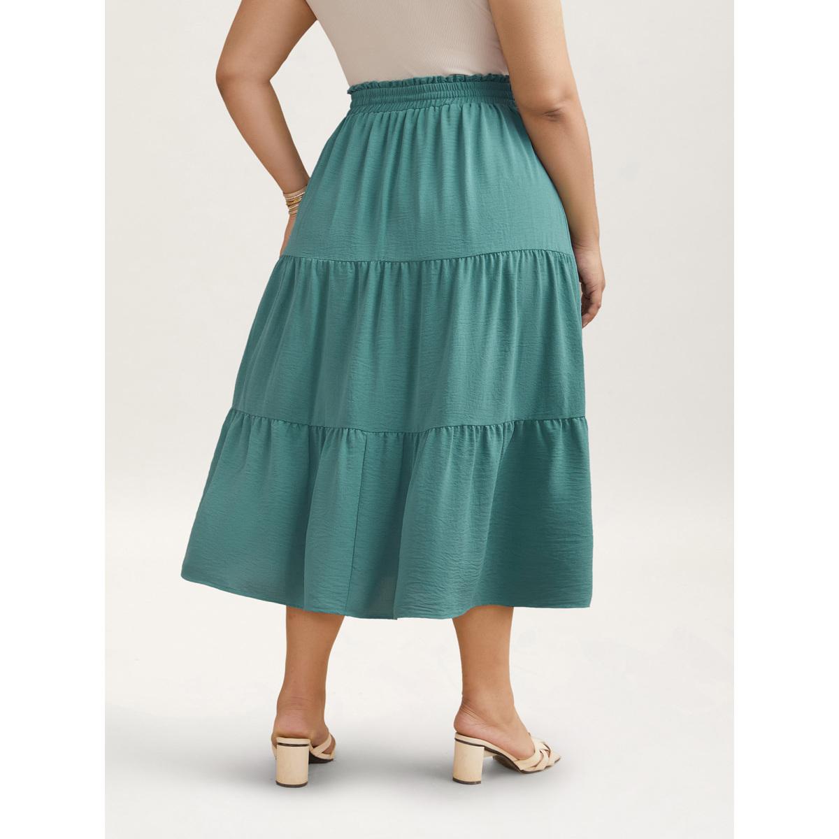 Plus Size Smocked Waist Lace Tiered Midi Skirt Women Turquoise Resort Gathered No stretch Side seam pocket Vacation Skirts BloomChic 14-16/1X Product Image
