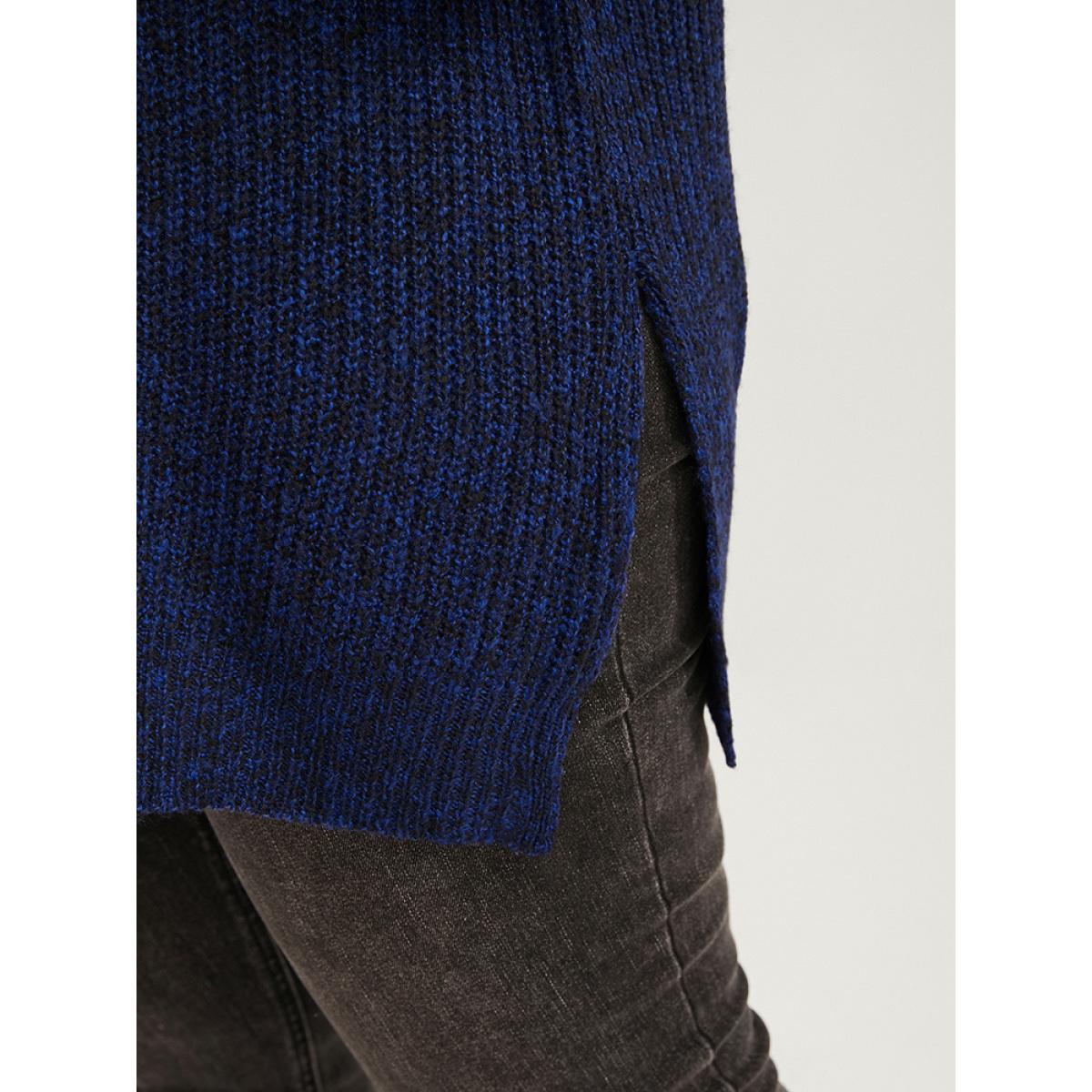 Plus Size Solid Pointelle Knit V Neck Split Hem Heather Knit Top DarkBlue Women Casual Loose Long Sleeve V-neck Dailywear Pullovers BloomChic 26/4X Product Image