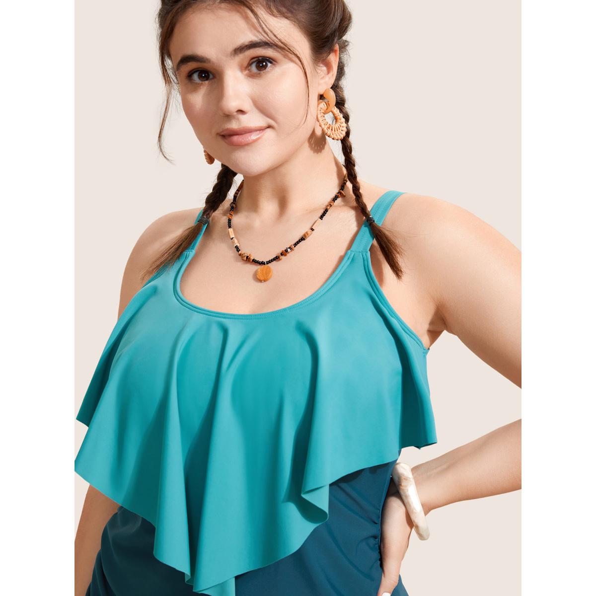 Plus Size Contrast Ruffles Adjustable Straps Swim Top Women's Swimwear Teal Beach Gathered High stretch Bodycon U-neck Curve Swim Tops BloomChic 18-20/2X Product Image