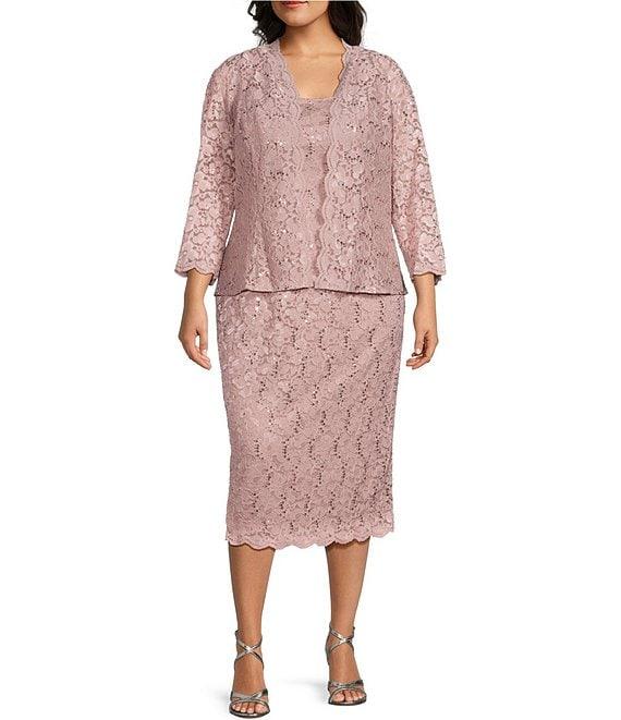 Ignite Evenings Plus Size Scalloped Sequin Lace Square Neck 3/4 Sleeve 2-Piece Jacket Dress Product Image