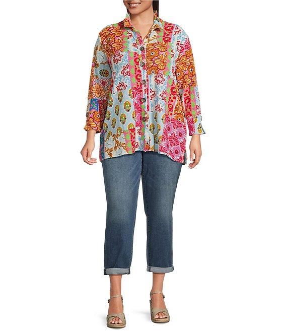 Calessa Plus Size Printed Ruffled Stand Collar Long Sleeve Button Front Tunic Product Image