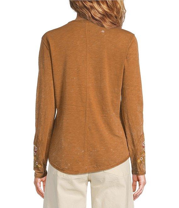 Reba Sedona Scoop Neck Long Sleeve Embroidered Henley Tee Product Image
