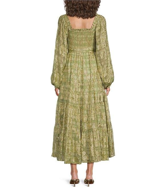 A Loves A Lurex Metallic Trellis Printed Sqaure Neck Long Balloon Sleeve Smocked Bodice A-Line Flounce Midi Dress Product Image