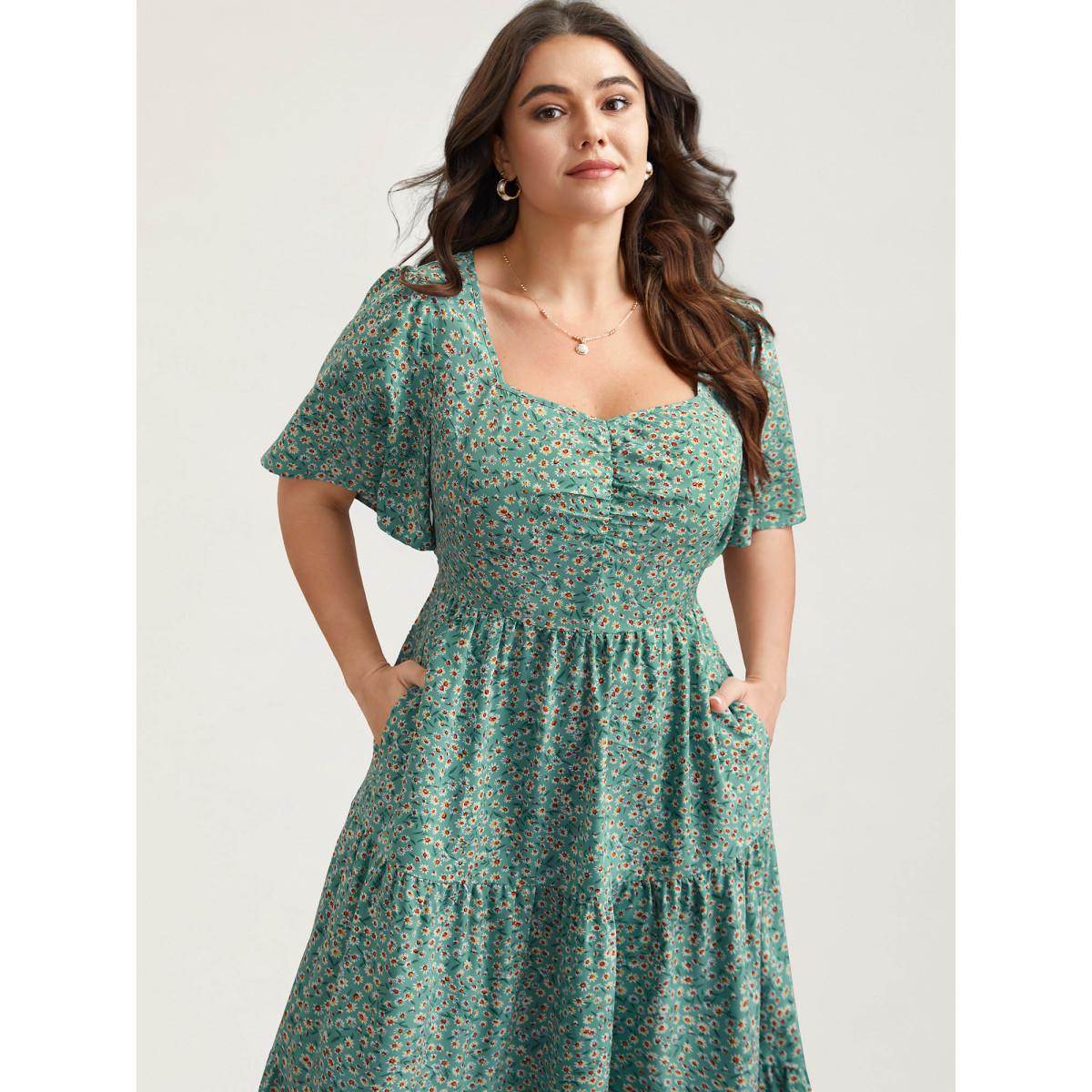 Plus Size Ditsy Floral Print Sweetheart Neckline Tiered Dress Sage Women Elegant Gathered Heart neckline Short sleeve Curvy BloomChic 14-16/1X Product Image