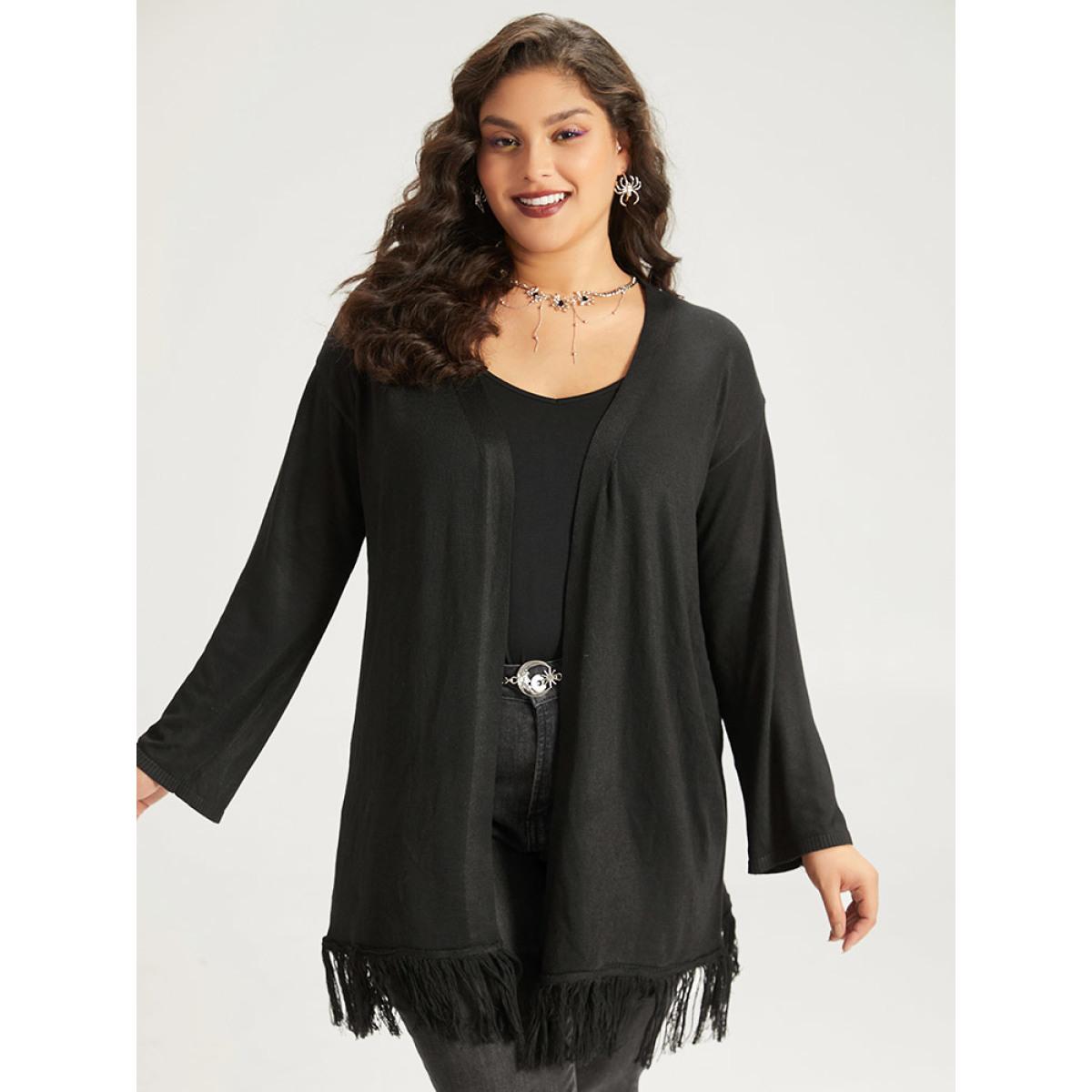Plus Size Halloween Spider Print Tassel Trim Open Front Cardigan Black Women Casual Long Sleeve Festival-Halloween Cardigans BloomChic 14-16/1X Product Image