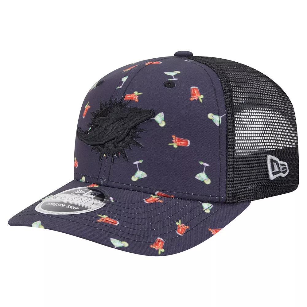Mens New Era /Black Miami Dolphins Adventure Drinks Pattern 9SEVENTY Stretch-Snap Hat, Blue Product Image