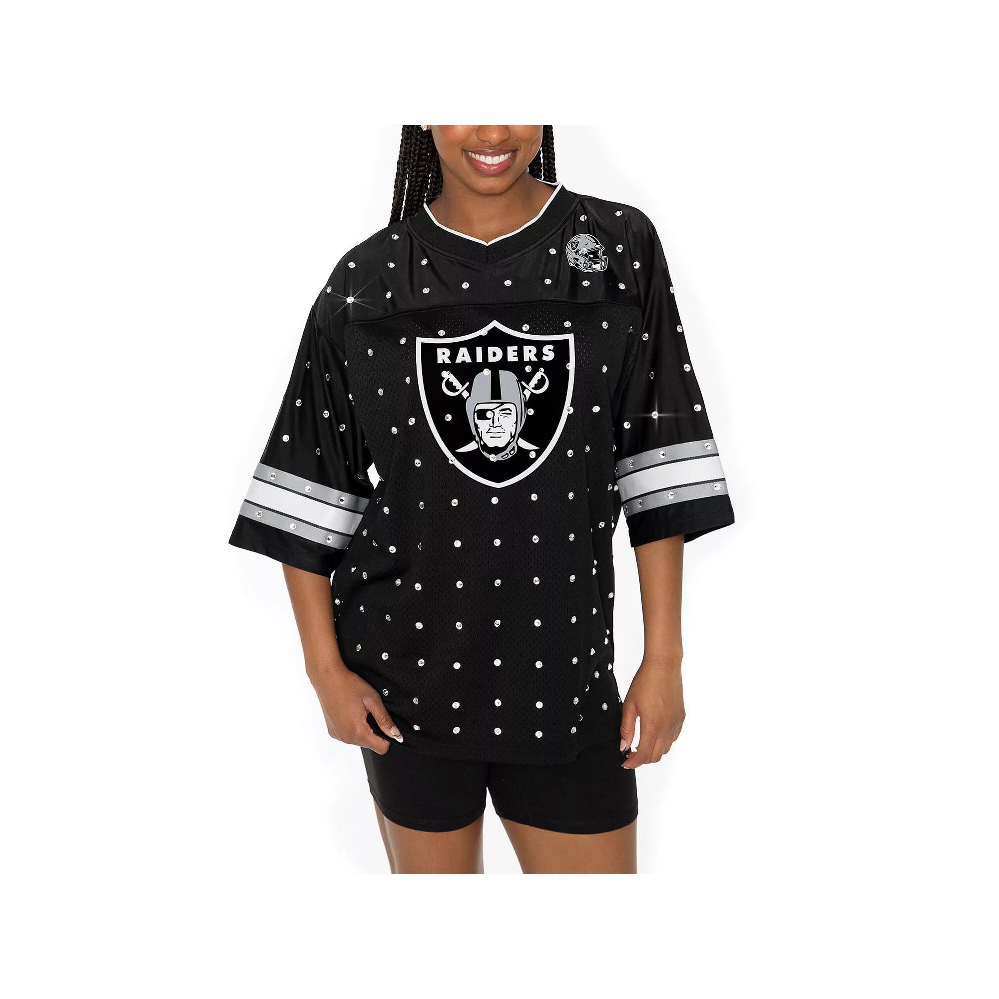 Women's Gameday Couture Black Las Vegas Raiders Kickoff Time Allover Rhinestone Sports Stripe Jersey V-Neck T-Shirt, Size: XS, Lvr Black Product Image