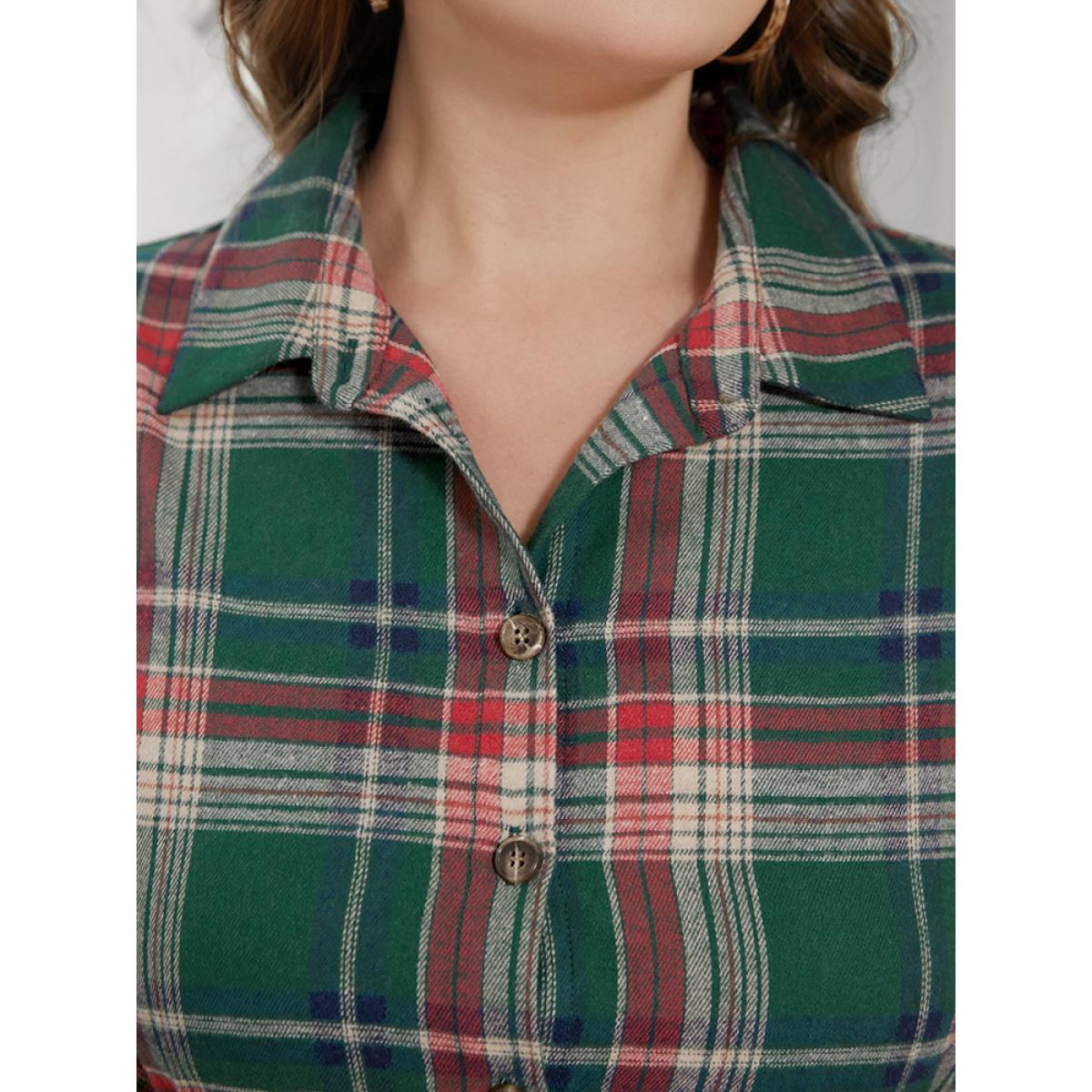 Plus Size DarkGreen Plaid Button Up Belted Blouse Women Casual Long Sleeve Shirt collar Festival-Christmas Blouses BloomChic 12/L Product Image