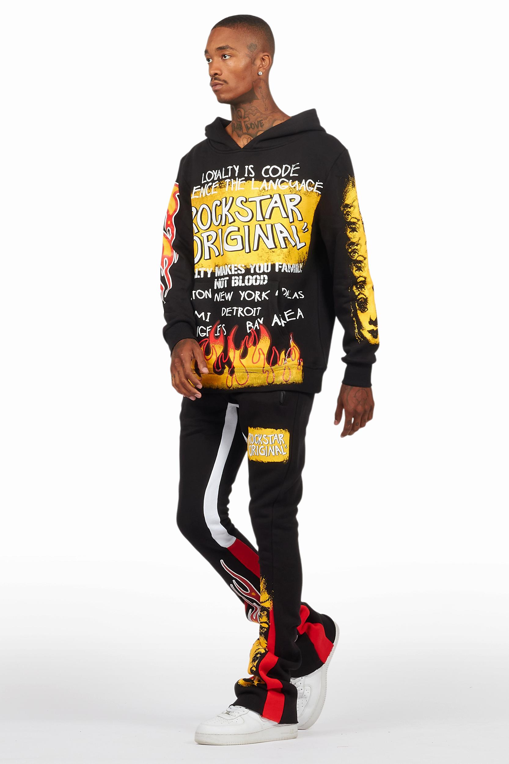 Beno Black/Yellow Stacked Flare Hoodie Track Set Male Product Image